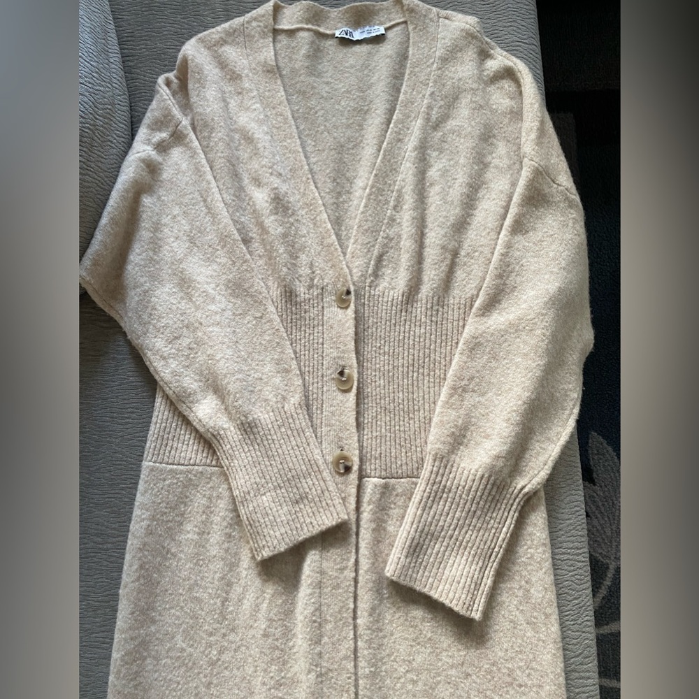 ZARA Beige Wool Blend Long Cardigan Sweater - Size M - Picture 6 of 9
